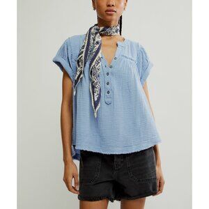 Free People! Horizons Double Cloth Top In Blue Heron NWT!